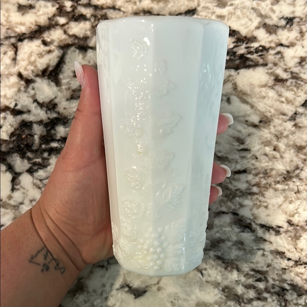 Vintage Westmoreland White Embossed Milk glass drinking cup